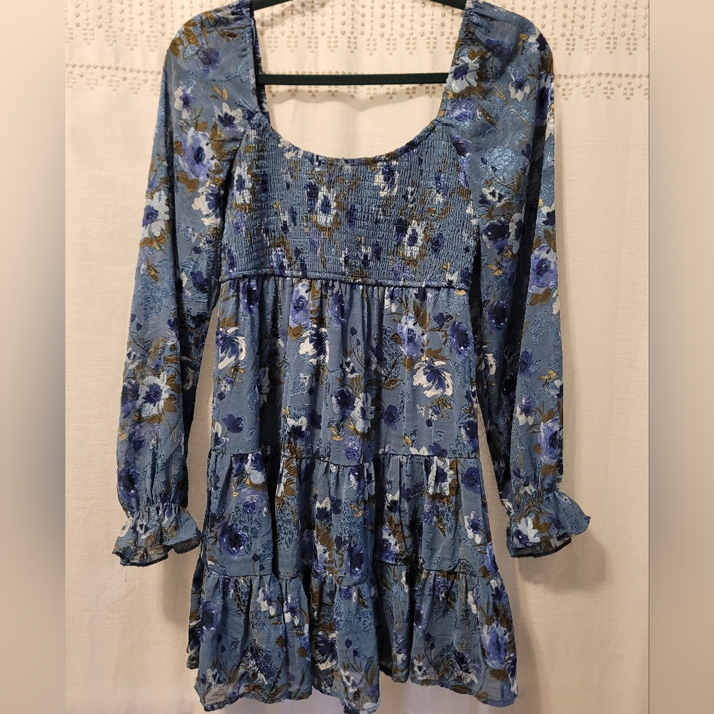 Floral Blue Long Sleeve Dress